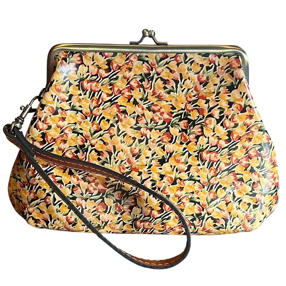 Patricia Nash Floral Leather Wristlet Yellow Orange Kiss Lock‎ Frame Bag Pouch